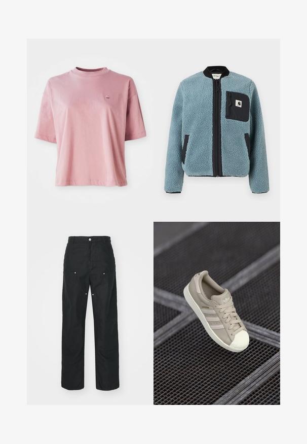 Giacca in pile blu con superficie texturizzata, tasche con zip nere, colletto alto e zip frontale. Presenta una patch con logo sulla tasca del petto.; T-shirt a maniche corte color rosa chiaro con collo rotondo e un piccolo logo sulla parte superiore sinistra del petto, esposto su uno sfondo bianco.; Pantaloni neri con design a gamba dritta, realizzati in un tessuto texturizzato. Presentano dettagli decorativi in argento e una cucitura unica.; Sneaker beige Adidas Superstar con superiore in pelle testurizzata, tre strisce laterali, punta rotonda e logo sulla linguetta e sul tallone.