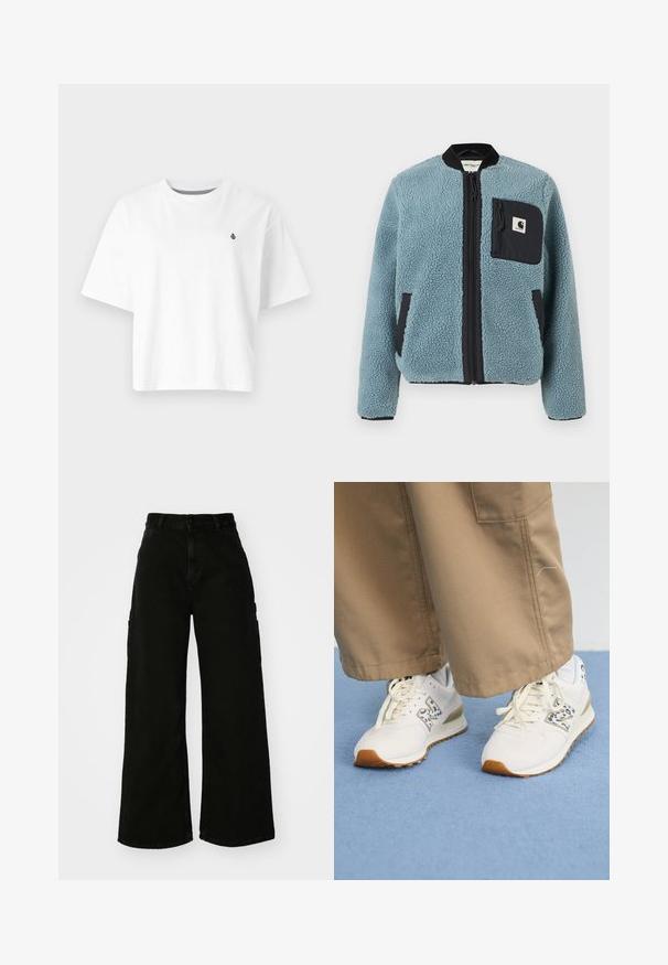 Giacca in pile blu con superficie texturizzata, tasche con zip nere, colletto alto e zip frontale. Presenta una patch con logo sulla tasca del petto.; T-shirt bianca in cotone, design corto, maniche corte, scollatura rotonda, con un piccolo logo nero sul lato sinistro del petto.; Pantaloni cargo neri a gamba larga in denim, con vita alta, chiusura frontale con bottone e tasche laterali. Texture liscia con cuciture minime.; Scarpe da ginnastica bianche con una suola di gomma beige testurizzata. Presentano un dettaglio a stampa animale blu e lacci piatti beige, abbinate a pantaloni color cammello.