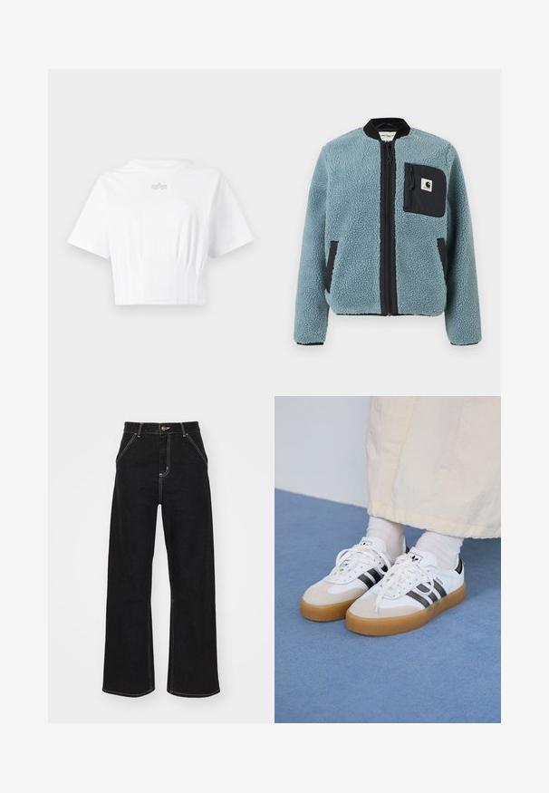 Zils flīsa jaka ar teksturētu virsmu, melnām rāvējslēdzēju kabatām, stāvošu apkakli un priekšējo rāvējslēdzēju. Iekļauj logotipa uzlādes kabatā uz krūtīm.; Balts īsais krekls, izgatavots no mīkstas auduma, ar īsām piedurknēm, apaļu kakla izgriezumu un diskrētu sudraba logo uz krūtīm.; Melnas platajās biksēs, kas izgatavotas no denima, ar kontrastējošas baltas šuves un priekšējo pogu aizdari, kā arī divām slīpajām priekšējām kabatām.; Baltas sporta apavi ar melnām svītrām un beisīgo zamšādu akcentiem. Ievies struktūrētu gumijas zoli un izkārtotas baltas šnerves, valkāti ar gaišiem zeķēm.