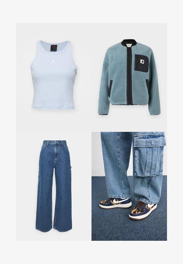 Modrá fleecová bunda s textúrovaným povrchom, čiernymi zipsovými vreckami, stojacim golierom a predným zipsom. Obsahuje logovú nášivku na vrecku na hrudi.; Svetlo modrý priliehavý tielko z rebrovanej látky má okrúhly výstrih a biele logo JORDAN na hrudi. Bezrukávový dizajn.; Dlhé modré džínsy so širokými nohavicami a vysokým pásom, s kontrastným prešívaním a bočnými vreckami, s klasickým dizajnom piatich vreciek a surovými lemami.; Námornícke modré tenisky s leopardími akcentmi, bielym logom Nike, hnedými šnúrkami a bielou medzipodrážkou. Skombinované s svetlými denimovými cargo nohavicami.