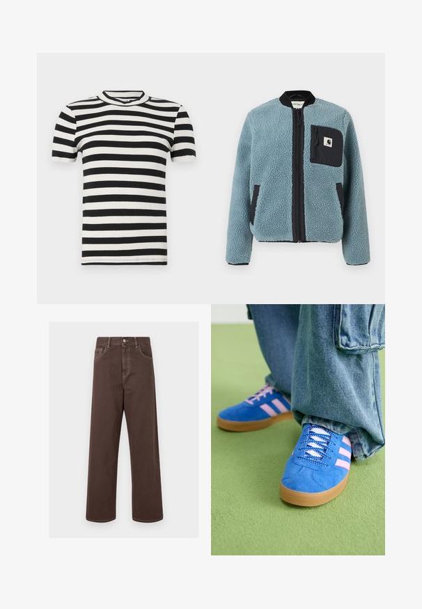 Chaqueta de forro polar azul con una superficie texturizada, bolsillos con cremallera negros, cuello alto y cremallera frontal. Presenta un parche con el logo en el bolsillo del pecho.; Camiseta de tirantes cortos a rayas en blanco y negro con un cuello redondo y una silueta ajustada. Textura suave en toda la prenda.; Pantalones de mezclilla anchos color marrón con costuras en contraste, cinco bolsillos y cierre de botón metálico. Textura suave, corte recto.; Zapatos de gamuza azul con rayas rosas y cordones blancos, con una suela de goma, combinados con pantalones denim holgados sobre una superficie verde.