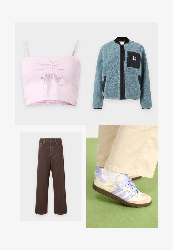 Jachetă din fleece albastru cu o suprafață texturată, buzunare cu fermoar negre, guler în picioare și fermoar frontal. Dispune de o inscripție logo pe buzunarul de la piept.; Top scurt de culoare roz deschis, cu bretele ajustabile, detaliu plisat în față și tiv elastic. Materialul texturat adaugă o notă de delicatețe.; Pantaloni din denim maro, cu croială largă, cusături contrastante, cinci buzunare și închidere cu un buton metalic. Textură netedă, croială dreaptă.; Adidași crem și lavandă cu trei dungi și o talpă texturată maro, având șireturi și un călcâi căptușit. Superior din material moale.