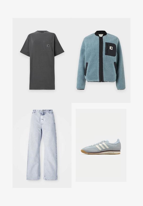 Blauwe fleecejack met een gestructureerd oppervlak, zwarte ritszakken, staande kraag en voorrits. Bevat een logo-opdruk op de borstzak.; Grijze katoenen t-shirt met een losse pasvorm, ronde halslijn, korte mouwen en een borstzak met een klein logopatch.; Lichtblauwe denim wijde jeans met een hoge taille, knoopsluiting en vijf-pocket ontwerp. Zachte textuur en zichtbare stikdetails.; Lichtblauwe suède sneakers met witte drie streepen, rubberen zool en textuur-mesh. Voorzien van een gladde neuskap en branding op de hak.