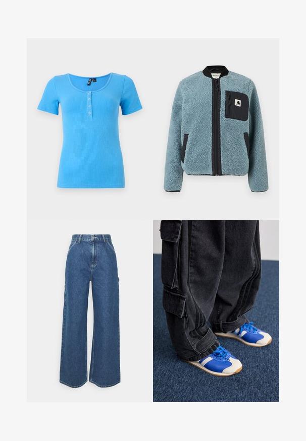 Blå fleecejacka med texturerad yta, svarta blixtlåsfickor, ståkrage och framfickzipp. Har logotypapplikation på bröstfickan.; Ribbad kortärmad t-shirt i livlig blå färg. Har en rundad halsringning och tre knappar fram. Mjuk och elastisk material.; Breda ljusblå denimbyxor med hög midja, kontrasterande sömmar och sidofickor, som har en klassisk femficksdesign och råa kanter.; Person som bär lösa svarta cargobyxor och blåa och vita sneakers stående på en mörkblå matta.