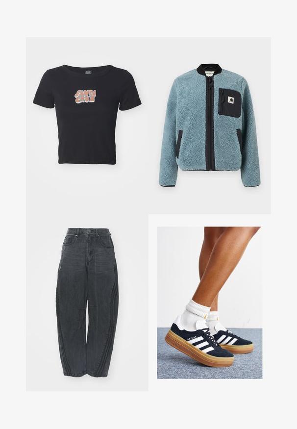 Blå fleecejakke med en teksturert overflate, svarte glidelåslommer, stående krage og frontglidelås. Har logopatch på brystlommen.; Svart avkortet t-skjorte laget av bomull, med et fargerikt "SANTA CRUZ" grafikk på forsiden. Korte ermer og rund hals.; Baggy svarte denimjeans med en falmet finish, fem lommer, belteknapplukking og sømdetaljer på forsiden og sidene.; Svarte sneakers i semsket skinn med hvite striper og detaljer, rund tå, yttersåle i gummigummi, kombinert med hvite ribbestrikkede crew-sokker.