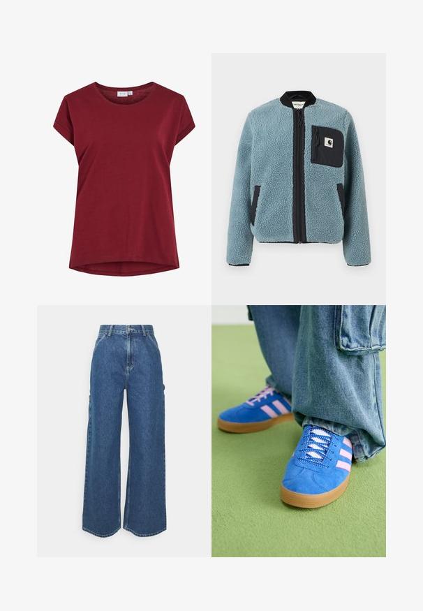 Sinine fliisjakk tekstuuriga pinnaga, mustade lukuga taskud, seisva kaelusega ja ees lukuga. Rindade taskul on logoapplikatsioon.; Burgundi värvi T-särk, mis on valmistatud pehmest puuvillast, ümmarguse kaelusega, lühikeste varrukatega ja kergelt kaarduva hemiga. Lihtne, ühe värviga disain.; Laiene jalad sinised denim püksid kõrge vöökohaga, kontrastsete õmblustega ja küljetaskutega, klassikalise viie taskuga disainiga ja toore servaga.; Sinised sametkingad roosade triipudega ja valgete paeltega, millel on kummist tallad, kombineeritud laia teksapükstega rohelisel pinnal.