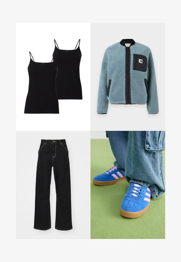Mėlyna fliso striukė su tekstūruota paviršiumi, juodomis užtrauktukų kišenėmis, stovinčiu apykakle ir priekiniais užtrauktukais. Ant krūtinės kišenės yra logotipo pleistras.; Duos juodų tankų su plonais spaghetti petnešėlėmis, pagamintų iš minkštos medžiagos, pasižyminčių prigludusia forma ir lygia tekstūra, puikiai tinkančių sluoksniavimui.; Juodi platūs džinsai, pagaminti iš džinsinio audinio, su kontrastingomis baltomis siūlėmis ir priekiniais mygtukais, turintys du kampinius priekinio kišenes.; Mėlyni zomšiniai bateliai su rožinėmis juostelėmis ir baltais raišteliais, turintys guminį padą, derinami su laisvais džinsiniais kelnais ant žalios paviršiaus.