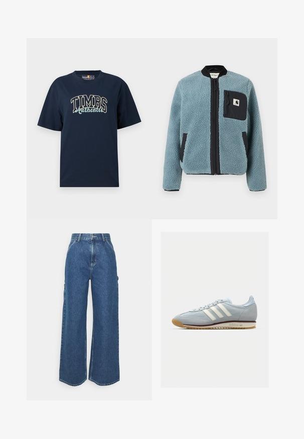 Sinine fliisjakk tekstuuriga pinnaga, mustade lukuga taskud, seisva kaelusega ja ees lukuga. Rindade taskul on logoapplikatsioon.; Tumedast sinine puuvillane T-särk, lõdva fitiga. Omab graafilist kujundust, kus on kirjas "TIMBS Authentic" kontrastsetes värvides. Lühikesed varrukad, ümar kaelus.; Laiene jalad sinised denim püksid kõrge vöökohaga, kontrastsete õmblustega ja küljetaskutega, klassikalise viie taskuga disainiga ja toore servaga.; Heledad sinine sametist tennis, millel on valged kolm triipu, kummitald ja tekstureeritud sisu. Tooteomadused hõlmavad sujuvat varbakatet ja brändingut kontsapooles.