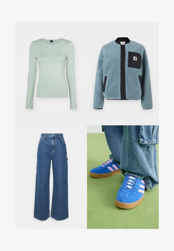 Sinine fliisjakk tekstuuriga pinnaga, mustade lukuga taskud, seisva kaelusega ja ees lukuga. Rindade taskul on logoapplikatsioon.; Pikkade varrukatega helesinine pluus pehmest ja venivast materjalist, ümmarguse kaeluse ja figuuri järgiva lõikega, mis omab lihtsat tekstuuri ja peeneid õmblusi.; Laiene jalad sinised denim püksid kõrge vöökohaga, kontrastsete õmblustega ja küljetaskutega, klassikalise viie taskuga disainiga ja toore servaga.; Sinised sametkingad roosade triipudega ja valgete paeltega, millel on kummist tallad, kombineeritud laia teksapükstega rohelisel pinnal.