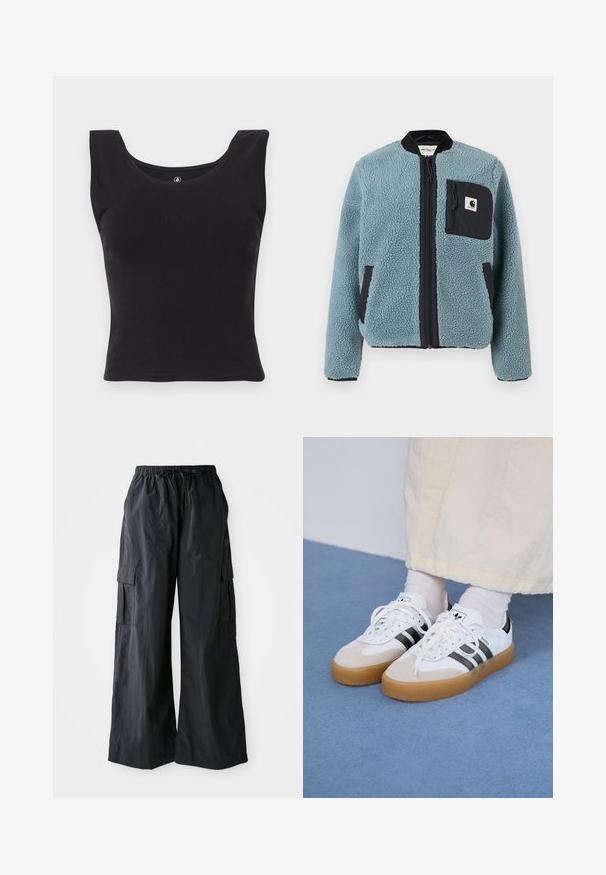 Chaqueta de forro polar azul con una superficie texturizada, bolsillos con cremallera negros, cuello alto y cremallera frontal. Presenta un parche con el logo en el bolsillo del pecho.; Camiseta sin mangas negra hecha de algodón, con un escote redondeado y un diseño ajustado. Sutil logotipo en relieve de "Volcom" en la parte delantera.; Pantalones cargo negros hechos de una tela ligera, con un diseño de pierna ancha, cinturilla elástica y múltiples bolsillos laterales. Sencillos y funcionales.; Zapatillas blancas con rayas negras y acentos de ante beige. Cuentan con una suela de goma texturizada y cordones blancos planos, usadas con calcetines de color claro.