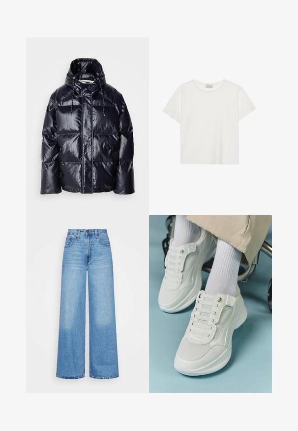 Marineblå pufferjakke med glansfull finish, hette og snor. Har quiltede seksjoner og sidelommer; laget av syntetisk materiale.; Hvit T-skjorte med kort erm laget av myk bomull. Har rund hals og avslappet passform. Rent design uten synlige mønstre eller aksenter.; Vide jeans i lyseblå denim, med høy midjemassasje, knappeåpning og klassisk fem-lommers design med falmede områder.; Hvite sneakers med mesh-materiale, gummisåle, snøret design uten laces og elastiske bånd, samt gulltone detaljer.