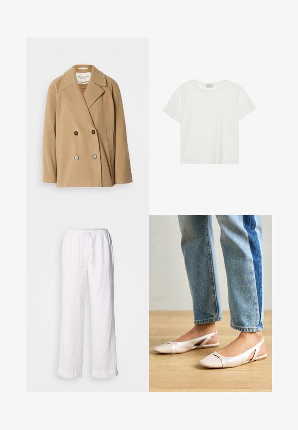 Dubbelzijdige jas in een lichtbruine kleur, gemaakt van zachte wol, met grote revers, twee voorzakken en contrasterende knopen.; Witte T-shirt met korte mouwen, gemaakt van zachte katoen. Heeft een ronde halslijn en een relaxte pasvorm. Schoon ontwerp zonder zichtbare patronen of accenten.; Witte linnen broeken met een losse pasvorm, elastische tailleband en trekkoord. Heeft rechte pijpen en opgerolde zoom voor een casual uitstraling.; Zachtroze slingback ballerina's met een spitse neus, gemaakt van een glad leerachtig materiaal. Bevat uitsnijdingen aan de zijkanten en heeft een platte hak.