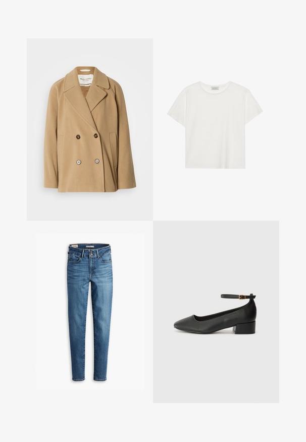 Dvigubos krūtinės paltas šviesiai rudos spalvos, pagamintas iš minkštos vilnos, su dideliais atvartais, dviem priekinėmis kišenėmis ir kontrastingais mygtukais.; Balta trumpa rankovė T-marškiniai, pagaminti iš minkštos medvilnės. Charakterizuojami apvali kaklo iškirpte ir laisvu siluetu. Švarus dizainas be matomų raštų ar akcentų.; Aukštos liemens, liesos džinsai šviesiai mėlynos spalvos. Yra penki kišenės, priekinis sagų uždarymas ir klasikinis siuvimo detalė visame džinsų paviršiuje.; Juodas odinis aukštakulnis batelis su smailiu pirštu ir žemu bloku. Su kulkšnies dirželiu su auksinės spalvos sagtimi. Lygus paviršius.