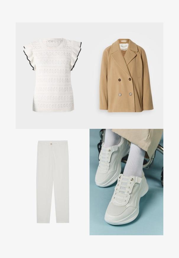 Valkoinen takki vaaleanruskeana, valmistettu pehmeästä villasta, jossa on suuret kaulukset, kaksi etutaskua ja kontrastivärit napit.; Valkoinen neulepaita, jossa on teksturoitu kuvio ja frillihihat. Korostettu mustalla reunuksella hihansuiden äärellä.; Valkoiset, muotoon ommellut housut, joissa on suora lahjerakenne, napillinen sulkeminen, vyölenkit ja sivutaskut; sileä kangas.; Valkoiset lenkkarit, joissa on verkkokangas, kumipohja, nauhattomuus elastisilla nauhoilla ja kultatäyteiset yksityiskohdat.