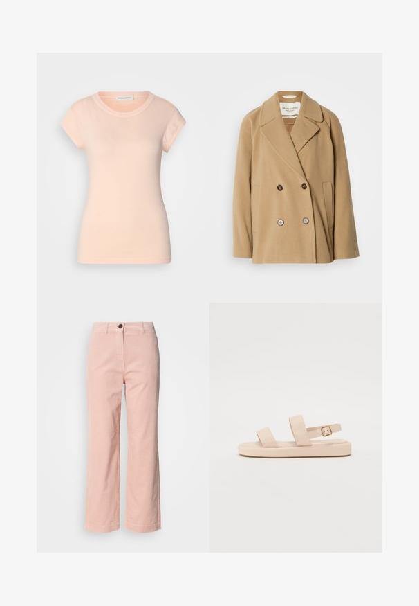 Kétgombos kabát világosbarna színben, puha gyapjúból készült, széles hajtókákkal, két elülső zsebbel és kontrasztos gombokkal.; Világos rózsaszín pamut póló rövid ujjal, kerek nyakkivágással és testhezálló fazonnal. Simább textúrájú, nincs látható minta vagy díszítés.; Világos rózsaszín kordbársony egyenes szabású nadrág övbújtatókkal, elülső gombos záródással és nem látható zsebekkel.; Meztelen szandálok, két széles felső pánttal és állítható bokapánttal. Lapos talp enyhe textúrával. Csattal díszített bokapánt.