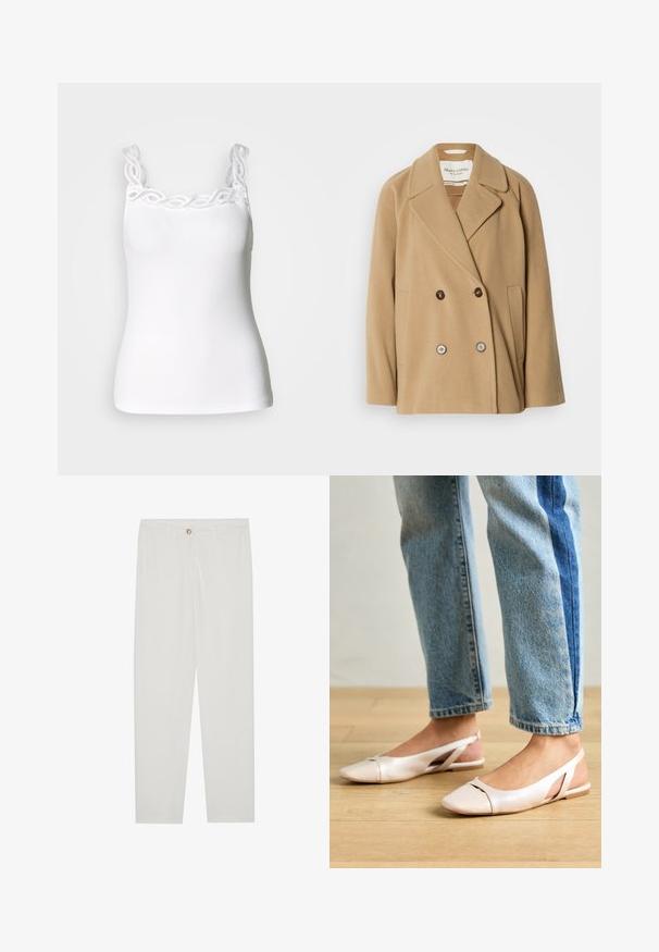 Casaco de dupla face numa cor castanho claro, feito de lã macia, com grandes lapelas, dois bolsos frontais e botões em contraste.; Camisola branca sem manga com alças ajustáveis, apresentando um elegante acabamento de renda ao longo da linha do pescoço e uma textura canelada ajustada.; Calças brancas, ajustadas, com um design de perna reta, apresentando um fecho de botão, passantes para cinto e bolsos laterais; textura de tecido suave.; Sapatilhas slingback de cor rosa pálido com bico fino, feitas de um material semelhante a couro liso. Apresentam detalhes recortados nas laterais e um salto plano.