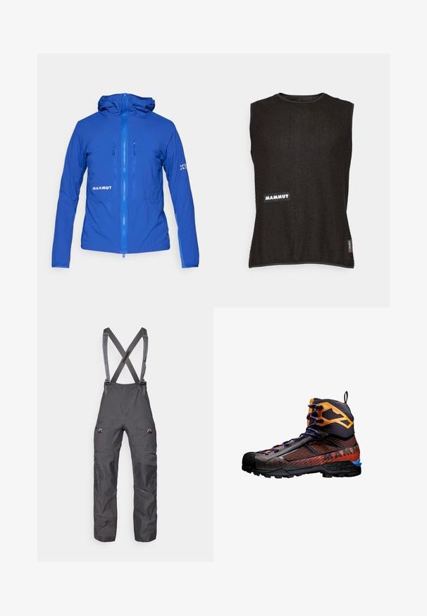 Niebieska lekka kurtka z kapturem, z zamkiem błyskawicznym z przodu i elastycznymi mankietami. Posiada widoczne logo z boku oraz gładki, teksturowany materiał.; Bezrukawnik w kolorze czarnym z teksturowanego materiału, z białym logo "Mammut" oraz małą czerwoną metką z boku, okrągły dekolt.; Szare ocieplane ogrodniczki z regulowanymi szelkami, licznymi kieszeniami i wzmocnionymi kolanami, wykonane z gładkiego, trwałego materiału.; Czarny i pomarańczowy but trekkingowy wykonany z siatki i gumowych materiałów. Posiada niebieskie akcenty, teksturowane wzory oraz wysoką cholewkę dla wsparcia.