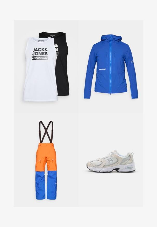Zila viegla jaka ar kapuci, priekšējiem rāvējslēdzējiem un elastīgām piedurknēm. Iespējas ietver redzamu logotipu sānos un gludu, teksturētu audumu.; Divu bez piedurknēm topu komplekts baltā un melnā krāsā. Audums ir gluds kokvilnas. Priekšpusē ir uzraksts "JACK & JONES PERFORMANCE" treknā melnā burtu rakstā.; Oranžās un zilās ūdensnecaurlaidīgās bikses ar melnām pielāgojamām piekarēm, priekšējām ar rāvējslēdzējiem aizveramām kabatām un pastiprinātiem ceļgaliem ārā aktivitātēm.; Sporta apavi ar gaiši pelēku sietu augšējo daļu un zamša akcents, baltiem šņorēm un melnu gumijas zoli. Ievērojamas ABZORB amortizācijas detaļas.