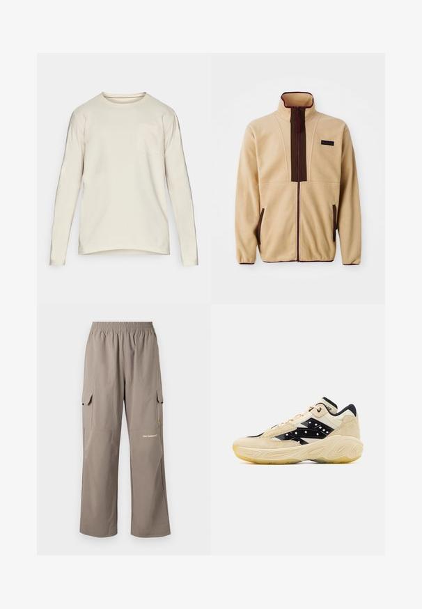 Jachetă din fleece bej cu guler înalt, închidere cu fermoar frontal, accente maronii, două buzunare pe laterale și un etichetă mică cu logo pe piept.; Cămașă cu mânecă lungă și guler rotund din bumbac bej deschis. Prezintă un buzunar discret pe pieptul stâng și o margine curbată pentru o potrivire lejeră.; Pantaloni cargo dintr-un material ușor, de culoare taupe, cu un cordon elastic la talie, buzunare laterale și un logo discret al brandului.; Adidași bej și negri cu parte superioară din suprapunere de piele întoarsă, evidențiați printr-un panou lateral negru neted cu puncte albe și o talpă din cauciuc texturată.