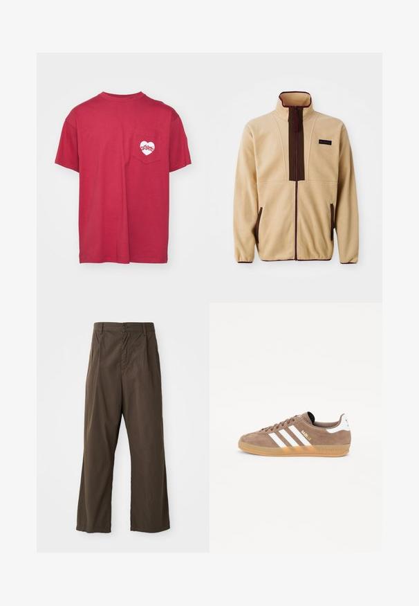 Beige fleecejakke med høj krave, frontlynlås, brune detaljer, to sidelommer og et lille logo på brystet.; Carhartt WIP AMOUR POCKET - T-shirts print - tuscany/white; Brune, brede bukser i bomuld med knaplukning foran, bæltestropper og en glat, mat tekstur.; Brune ruskinds sneakers med tre hvide striber, gylden "Gazelle" logo og gummisåler. Udstyret med polstret tunge og hæl for ekstra komfort.