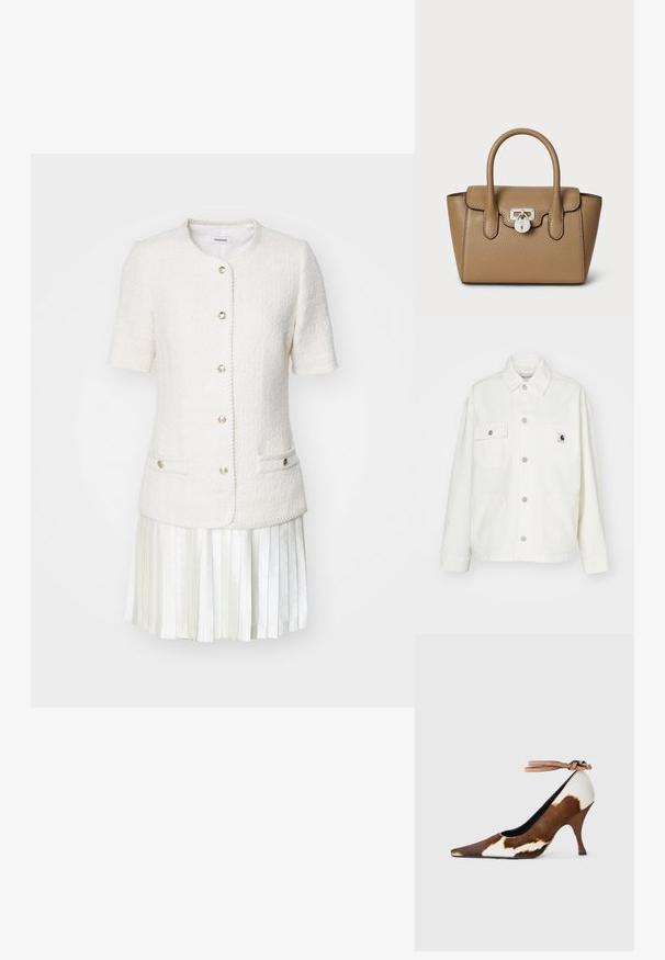 Balta kokvilnas jaka ar pogu aizdari, divām krūšu kabatām un kvadrātveida logo uzšuvumu. Brīva piegriezuma ar garām piedurknēm un redzamām šuvēm.; Balta tweed jaka ar īsām piedurknēm, apaļu kakla izgriezumu un priekšējiem pogām. Iekļauj divas kabatas un kontrastējošu plīvētu baltu svārku.; Brūna un balta govs raksta augstpapēžu kurpe ar smailu purngalu, strukturētu virsmu un potītes siksniņu ar gaiši brūnu sprādzi.; Lauren Ralph Lauren PEBBLED LEATHER SMALL TANNER SATCHEL - Rokassoma - camel