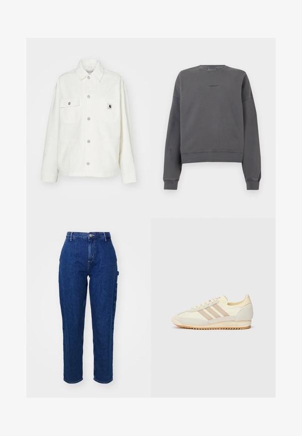 Valge puuvillane jakk, millel on nööpidega eest kinni klappimine, kaks rinnanappi ja ruudukujuline logopatch. Mugav lõige, pikad varrukad ja nähtavad õmblused.; Tumehall hallitus, ümmarguse kaeluse ja pikkade varrukatega, ribidega mansetid ja ääred, millel on rindkeres nähtamatu logo. Pehme tekstuur.; Tumedatest sinisest denimist teksad kõrge vöökohaga, sirge lõikega, ees-nuppude kinnitusega ja küljetaskutega. Sujuv tekstuur, millel on kerge elastsus.; Kreem värvi spordijalats, millel on kolm beeži triipu, sametist ja tekstiilist materjalid, tekstureeritud tallaosa ning reljeefne bränding kandadel.