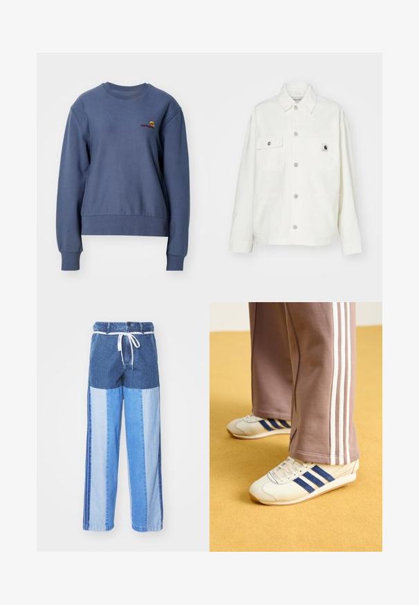White cotton jacket featuring a button-up front, two chest pockets, and a square logo patch. Relaxed fit with long sleeves and visible stitching.; Carhartt WIP AMERICAN SCRIPT - Sweatshirt - positano; Blue denim pants featuring a patchwork design with varying shades of blue, a drawstring waist, and loose, straight-cut legs.; Cream sneakers with blue suede stripes, white laces, and a rubber sole. Paired with gray sweatpants featuring white side stripes.
