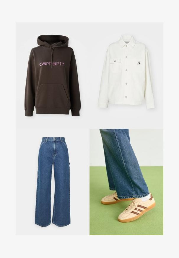 Fehér pamut dzseki gombos elejével, két mellzsebbel és négyzet alakú logóval. Lazán illeszkedő szabás, hosszú ujjakkal és látható varrással.; Barna kapucnis pulóver, elöl kenguru zsebből, a "carhartt" márka rózsaszín betűivel. Puha anyagból készült, texturált felülettel.; Széles szárú, kék farmernadrág magas derékkal, kontrasztos varrással és oldalsó zsebekkel, klasszikus öt zsebes kialakítással és nyers szegéllyel.; Beige sportcipők textúrált krém színű panelek és barna csíkok részletezésével, kék farmernadrággal párosítva. A farmer széles szárú és rojtos szegéllyel rendelkezik.