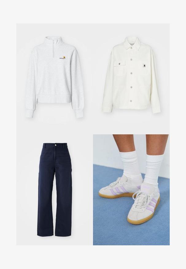 Fehér pamut dzseki gombos elejével, két mellzsebbel és négyzet alakú logóval. Lazán illeszkedő szabás, hosszú ujjakkal és látható varrással.; Szürke polárpulóver félig cipzáros gallérral, bordázott mandzsettákkal és derékrésszel. Jellemzője egy apró, sárga és bordó hímzett logó.; Tengerészkék, bővebb, cargo stílusú nadrág strapabíró pamutból, oldalsó zsebekkel és gombos derékmegoldással.; Világosszürke velúr edzőcipők három lila csíkkal, gumi talppal, lapos fűzőkkel és fehér bordás zoknikkal. Kék háttér előtt.