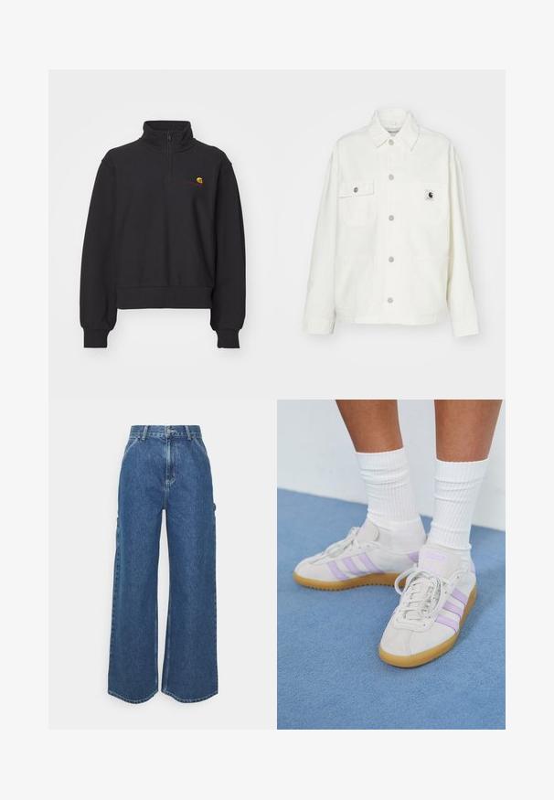 Bijela pamučna jakna s dugim rukavima, gumbima sprijeda, dva džepa na prsima i kvadratnom oznakom. Opušteni kroj s vidljivim šavovima.; Crna dukserica s visokim ovratnikom i četvrtim zatvaračem. Ima rebraste rukave i rub. Uključuje mali, višebojni logo na prsima.; Široke plave traperice s visokim strukom, kontrastnim šavovima i bočnim džepovima, s klasičnim dizajnom s pet džepova i sirovim rubovima.; Svijetlosivi nubuk tenisica s tri ljubičaste pruge, gumeni potplat, ravne vezice i bijele rebraste čarape. Postavljene na plavu pozadinu.