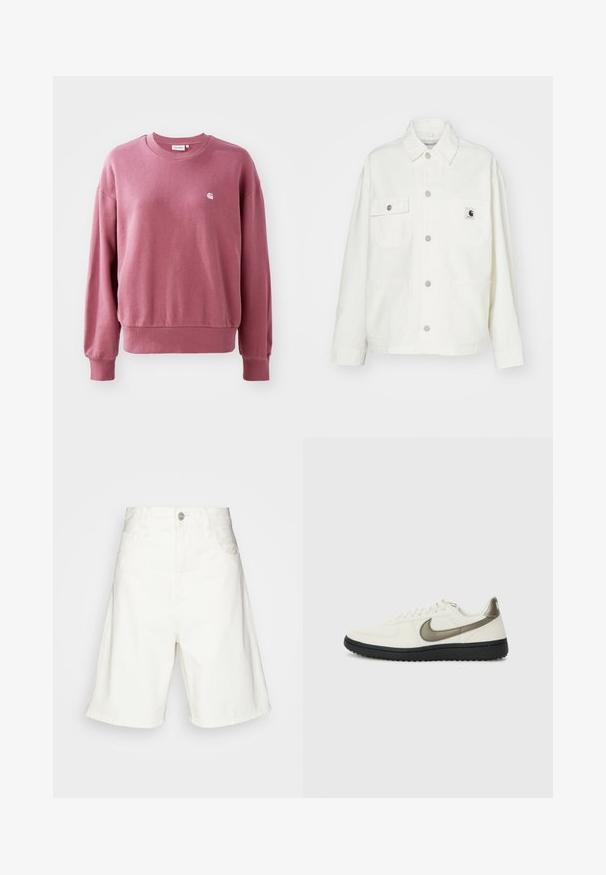 Balta kokvilnas jaka ar pogu aizdari, divām krūšu kabatām un kvadrātveida logo uzšuvumu. Brīva piegriezuma ar garām piedurknēm un redzamām šuvēm.; Rozā džemperis, kas izgatavots no mīkstas auduma, ar apaļu kakla izgriezumu, garām piedurknēm un ribota apakšmala. Mazi logotips izvietots uz krūškurvja.; Balti džinsi šorti ar augstu jostasvietu, ar priekšējo pogu aizdari, divām sānu kabatām un brīvu piegriezumu. Gluda tekstūra bez redzamām rakstu apdrukām.; Nike Sportswear FIELD GENERAL - Treniņu apavi - off-white/black