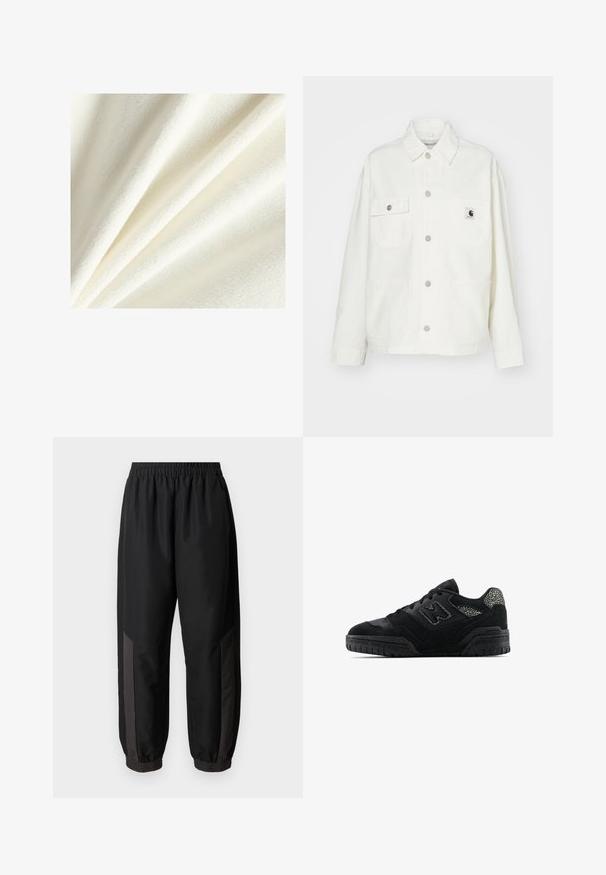 Giacca bianca in cotone con chiusura a bottoni, due tasche sul petto e una toppa quadrata con logo. Vestibilità rilassata con maniche lunghe e cuciture a vista.; Tessuto in pile bianco con una texture morbida e pelosa, che mostra fibre lisce e leggermente sollevate, disposte in pieghe delicate.; Pantaloni sportivi neri realizzati in un tessuto morbido e leggero. Presentano una vita elasticizzata, polsini aderenti e pannelli laterali grigio scuro con logo.; Sneaker nera bassa con suola testurizzata, design con lacci, pannelli in suede e accenti a motivo sul tallone e sul logo laterale.