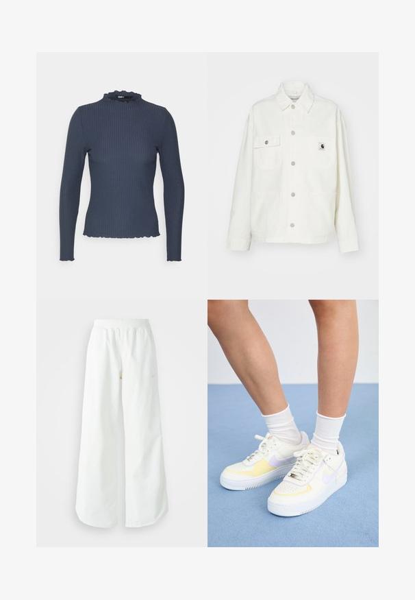 Hvid bomuldsjakke med knaplukning fortil, to brystlommer og et kvadratisk logo-patch. Løs pasform med lange ærmer og synlige syninger.; Marineblå langærmet top i ribbet tekstur. Har en høj hals med en bølget kant og en tætsiddende design.; Hvide athletic bukser med vidde, ribbet talje og subtile logo detaljer. Glat stof med en afslappet pasform og tapered hals.; Hvide lædersneakers med gule og lavendel accenter, rund tå, flade snørebånd og struktureret gummisål. Båret med hvide sokker.