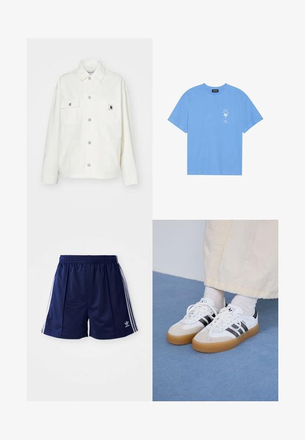 Balta kokvilnas jaka ar pogu aizdari, divām krūšu kabatām un kvadrātveida logo uzšuvumu. Brīva piegriezuma ar garām piedurknēm un redzamām šuvēm.; Gaiši zila kokvilnas T-kreklu ar apaļu apkakli. Kreklam ir balta grafika ar palmu un tekstu kreisajā krūtīs. Īsas piedurknes.; Jūras spēku sporta šorti, izgatavoti no viegla materiāla, ar baltām sānu svītrām un izšūtu logotipu apakšējā kreisajā stūrī. Elastīga josta.; Baltas sporta apavi ar melnām svītrām un beisīgo zamšādu akcentiem. Ievies struktūrētu gumijas zoli un izkārtotas baltas šnerves, valkāti ar gaišiem zeķēm.