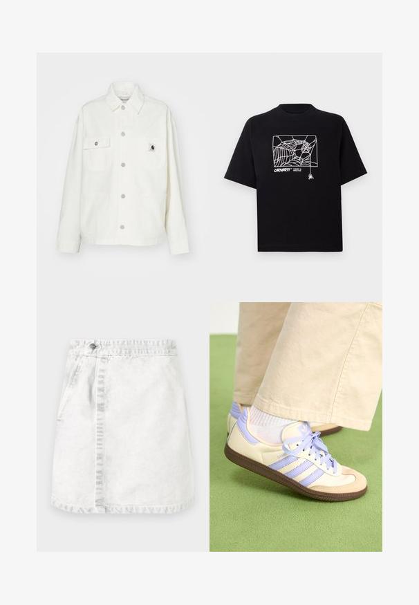Hvit bomullsjakke med knappelukking foran, to brystlommer og et firkantet logo-patch. Løs passform med lange ermer og synlige sømmer.; Svart T-skjorte laget av bomull med korte ermer. Har et hvitt edderkoppnett grafikk og logo på fronten. Enkel rund hals.; Denim skjørt i lys grå. A-linje design med frontlommer, en synlig søm nedover midten, og en enkelt metallknapp på livlinen.; Kremfargede og lavendelfargede joggesko med tre striper og en teksturert brun såle, med lisser og en polstret hæl. Mykt stofføvre.