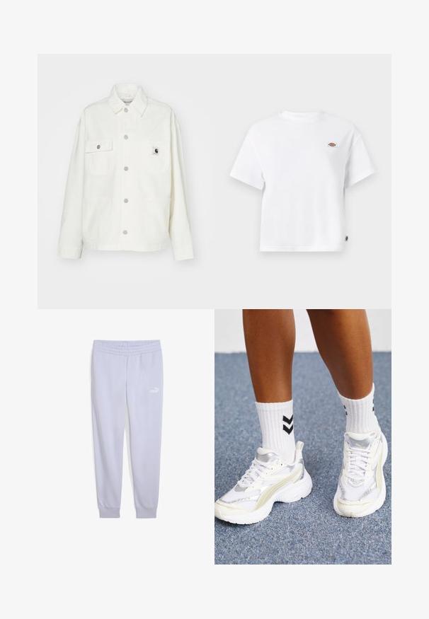 Hvid bomuldsjakke med knaplukning fortil, to brystlommer og et kvadratisk logo-patch. Løs pasform med lange ærmer og synlige syninger.; Hvid bomulds t-shirt med en afslappet pasform, der har et lille logo-patch på brystet og et mærke på siden for ekstra detaljer.; Lyse lilla sweatpants lavet af blødt stof, med elastisk talje og ribbede manchetter, prydet med et hvidt Puma-logo på forsiden.; Hvide sneakers med sølvdetaljer, mesh-materiale og chunky design. Parret med hvide sokker med sorte chevronmønstre.
