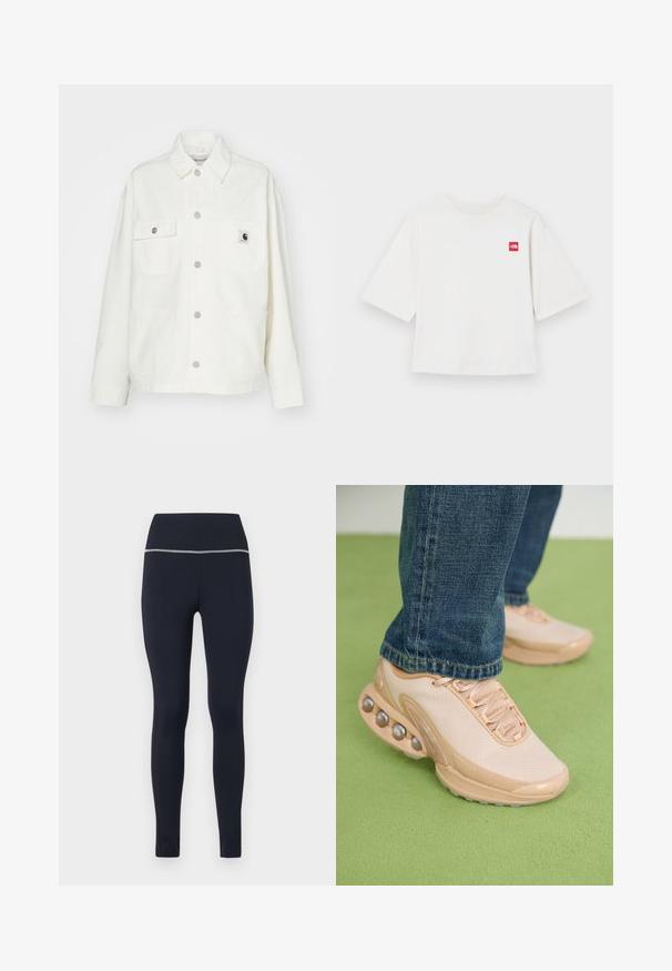 Fehér pamut dzseki gombos elejével, két mellzsebbel és négyzet alakú logóval. Lazán illeszkedő szabás, hosszú ujjakkal és látható varrással.; Fehér, rövid ujjú pamut póló. A bal mellen egy kis vörös négyzet alakú logó található. Egyenes szabású. Puha tapintású.; Sötétkék, testre simuló leggings, rugalmas anyagból készült, széles derékpánttal, amelyen fényvisszaverő szegély található a jobb láthatóság érdekében.; Világos bézs sportcipők hálós felsőrésszel, gumitalppal és lekerekített díszítésekkel, fémpontokkal. Kék farmernadrággal viselve, zöld felületen.