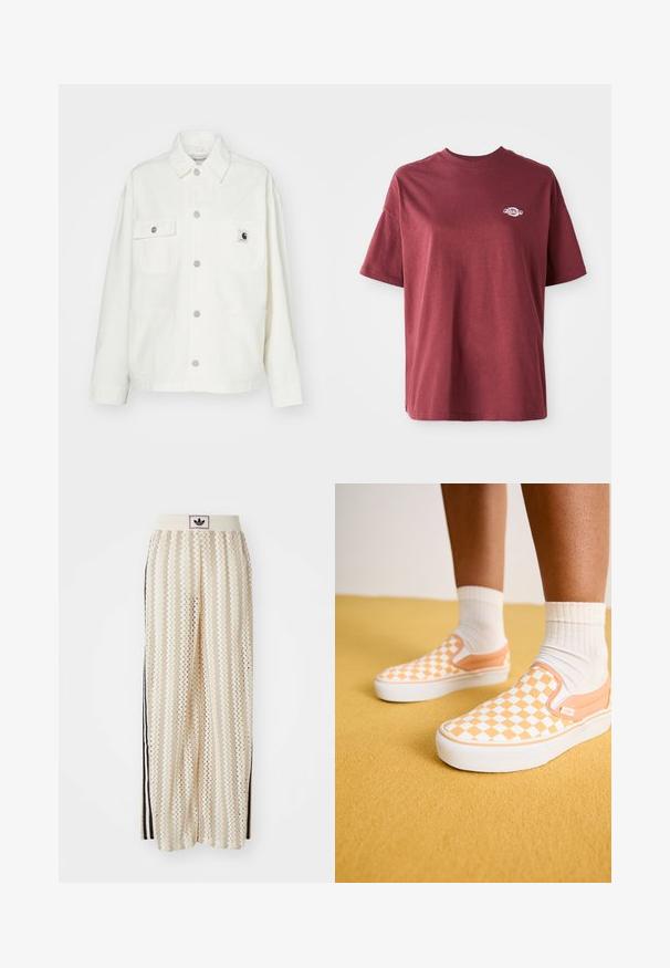 Fehér pamut dzseki gombos elejével, két mellzsebbel és négyzet alakú logóval. Lazán illeszkedő szabás, hosszú ujjakkal és látható varrással.; Burgundi színű pamut póló, kerek nyakkivágással, rövid ujjal és kis fehér logóval a bal mellrészen. Sima tapintás, laza szabás.; Krém színű, széles szárú nadrág zigzag mintával, fekete logós derékrésszel és fekete oldalsávokkal. Könnyű, texturált anyag.; Vans CLASSIC SLIP-ON PLATFORM - Sportcipő - apricot
