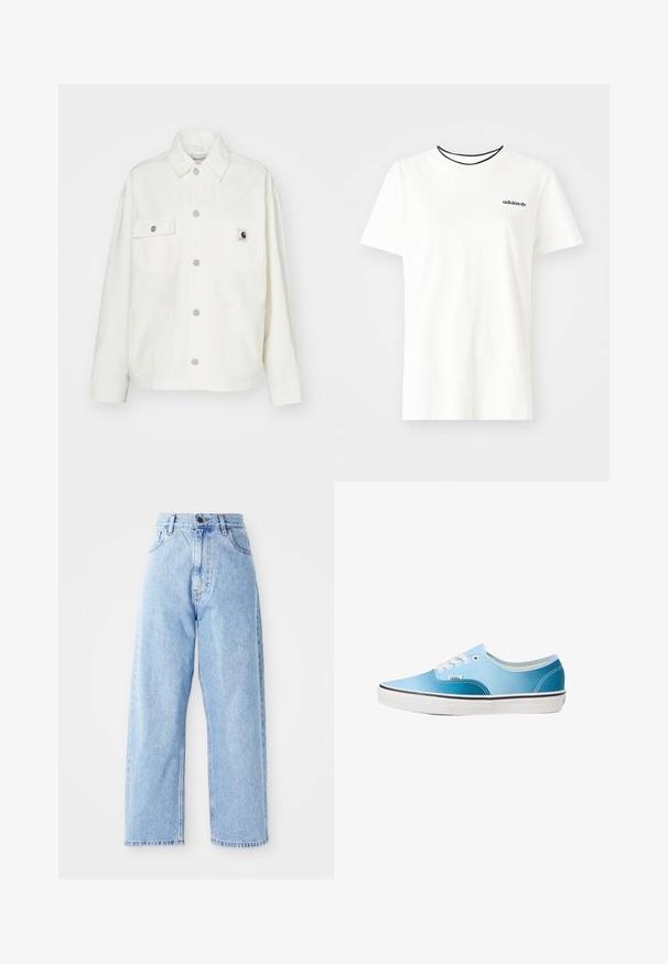 Hvid bomuldsjakke med knaplukning fortil, to brystlommer og et kvadratisk logo-patch. Løs pasform med lange ærmer og synlige syninger.; Hvid bomulds t-shirt med korte ærmer og rund halsudskæring. Har et sort Adidas-logo på brystet og en kontrasterende sort indvendig krave.; Højhalset lysblå denimjeans med lige vide ben, frontknap, lynlås lukning samt front- og baglommer.; Vans AUTHENTIC - Sneakers - blue coral gradient