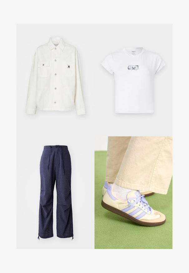 Hvit bomullsjakke med knappelukking foran, to brystlommer og et firkantet logo-patch. Løs passform med lange ermer og synlige sømmer.; Hvit bomulls t-skjorte med korte ermer og rund hals, med mørkeblå "OBEY" grafisk tekst på forsiden. Glatt tekstur.; Marine-rutete bukser med løs pasform, snor i taljen, elastiske manchetter og en let stof struktur. Har små knude accenter.; Kremfargede og lavendelfargede joggesko med tre striper og en teksturert brun såle, med lisser og en polstret hæl. Mykt stofføvre.