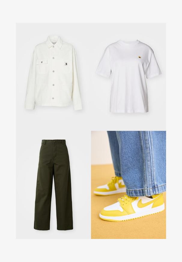 Valge puuvillane jakk, millel on nööpidega eest kinni klappimine, kaks rinnanappi ja ruudukujuline logopatch. Mugav lõige, pikad varrukad ja nähtavad õmblused.; Valge puuvillane T-särk, millel on lõdva lõikega, lühikesed varrukad ja väike broderi logo vasakul rinnakarpi.; Õlivaheline laiu jalgadega püksid, mis on valmistatud tugevast puuvillast. Omavad nööpidega sulgemist, vööd, ja sirget lõiget ilma silmapaistvate mustriteta.; Jordan AIR JORDAN 1 MID - Kõrge servaga tossud - white/vivid sulfur/black