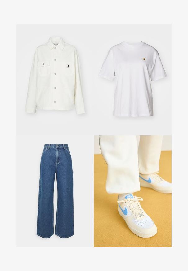 Casaco de algodão branco com frente abotoada, dois bolsos no peito e um patch de logó tipo quadrado. Corte relaxado com mangas longas e costuras visíveis.; T-shirt branca de algodão com um corte descontraído, mangas curtas e um pequeno logótipo bordado na área do peito esquerdo.; Calças de ganga azuis de perna larga com cintura alta, costuras em contraste e bolsos laterais, apresentando um design clássico de cinco bolsos e bainhas desfiadas.; Ténis brancos com pormenores em azul claro, apresentando uma parte da frente perfurada, sola texturizada e atacadores. Usados com calças cor creme sobre um fundo amarelo.