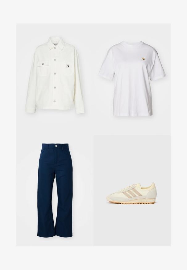 Balta medvilninė striukė su sagų užsegimu priekyje, dviem krūtinės kišenėmis ir kvadrato formos logotipo etikete. Laidus kirpimas, ilgomis rankovėmis ir matomais siūlais.; Balta medvilnė marškinėliai su laisvu sijonu, trumpomis rankovėmis ir maža siuvinėta logo kairėje krūtinės pusėje.; Laivyno mėlynos plataus kojų kelnės, pagamintos iš tvirto audinio, su priekiniais mygtukais ir keturiomis kišenėmis, turinčiomis glotnią tekstūrą.; Kreminių spalvų sportiniai bateliai su trimis bežinėmis juostelėmis, pagaminti iš zomšos ir tekstilės medžiagų, su tekstūruota baze ir įspaustu prekiniu ženklu ant kulno.