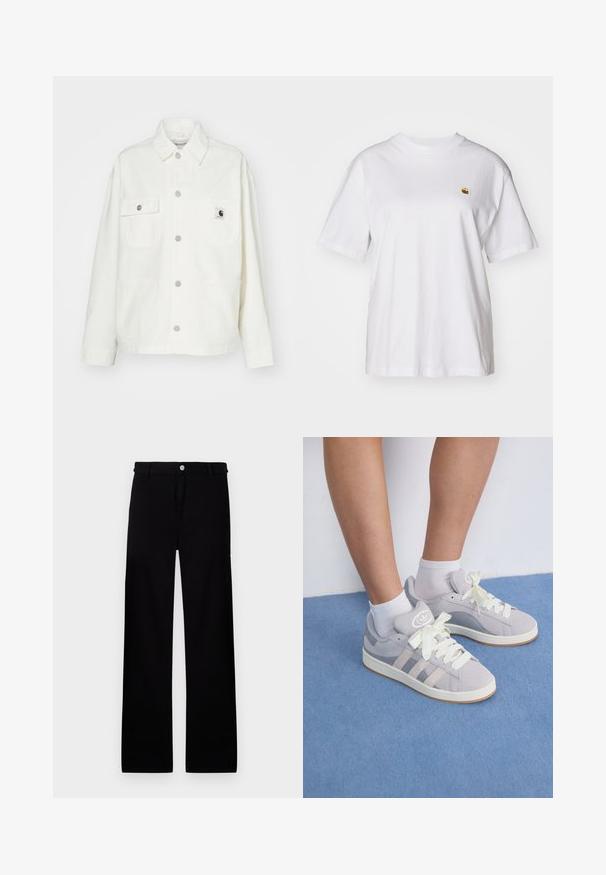 White cotton jacket featuring a button-up front, two chest pockets, and a square logo patch. Relaxed fit with long sleeves and visible stitching.; White cotton t-shirt with a relaxed fit, short sleeves, and a small embroidered logo on the left chest area.; Black cotton trousers with a straight leg design, featuring a front button closure and no visible patterns or accents.; Gray suede sneakers with white laces and rubber sole, featuring three diagonal stripes on the side and a logo patch on the tongue.
