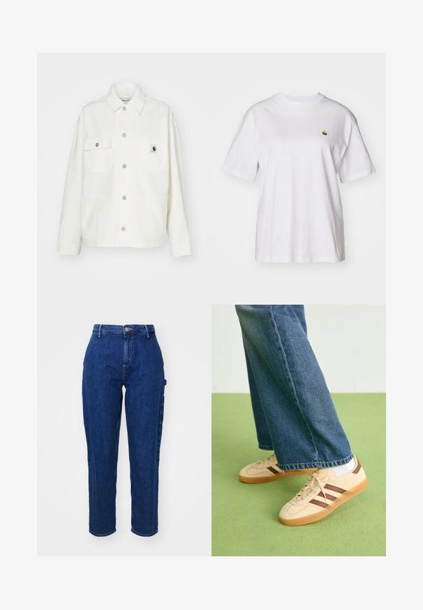 White cotton jacket featuring a button-up front, two chest pockets, and a square logo patch. Relaxed fit with long sleeves and visible stitching.; White cotton t-shirt with a relaxed fit, short sleeves, and a small embroidered logo on the left chest area.; Dark blue denim jeans with a high waist, straight-leg cut, front button closure, and side pockets. Smooth texture with a slight stretch.; Beige sneakers with textured cream panels and brown stripes, paired with blue denim jeans. The jeans have a wide leg and frayed hem.
