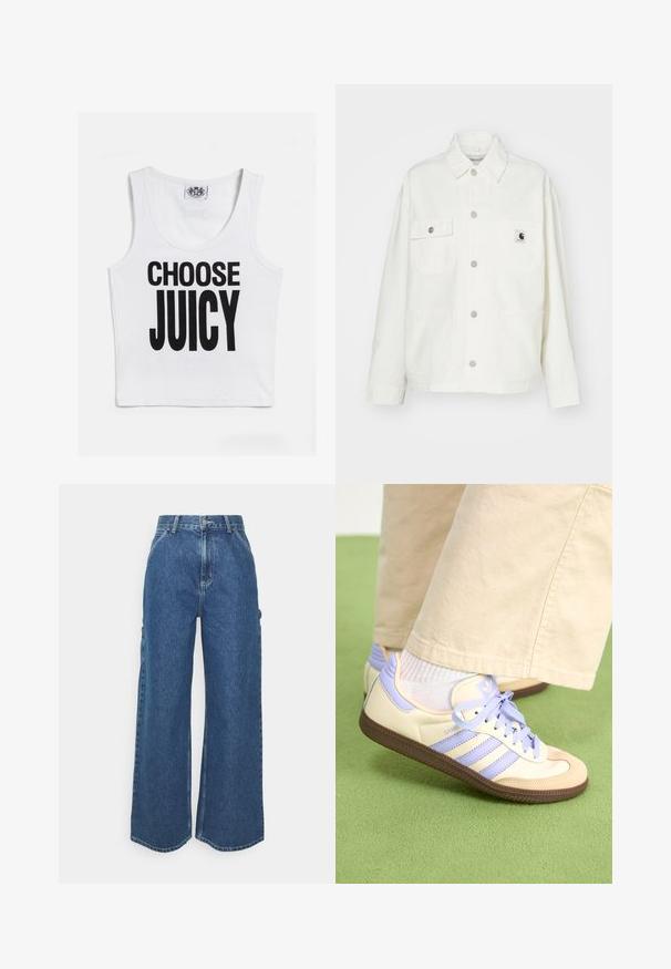Valge puuvillane jakk, millel on nööpidega eest kinni klappimine, kaks rinnanappi ja ruudukujuline logopatch. Mugav lõige, pikad varrukad ja nähtavad õmblused.; Valge ilma varrukateta crop top, millel on julge must tekst "VALI MAITSVA". Valmistatud pehmest ja venivast kangast, ümar kaelus.; Laiene jalad sinised denim püksid kõrge vöökohaga, kontrastsete õmblustega ja küljetaskutega, klassikalise viie taskuga disainiga ja toore servaga.; Kreemi ja lavendlivärvi tenniset, millel on kolm triipu ja tekstuuriga pruun tall, varustatud paelte ja pehmendatud kontsaga. Pehme kangast ülemine osa.