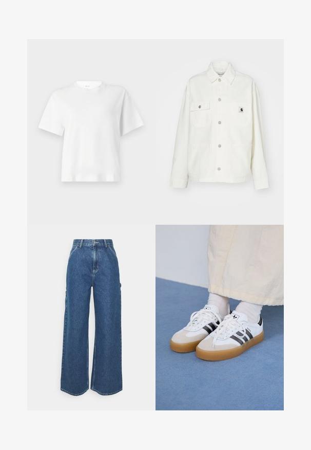 Giacca bianca in cotone con chiusura a bottoni, due tasche sul petto e una toppa quadrata con logo. Vestibilità rilassata con maniche lunghe e cuciture a vista.; T-shirt bianco a maniche corte in cotone, con scollo rotondo e vestibilità comoda. Texture liscia con un design semplice e classico.; Pantaloni in denim blu a gamba larga con vita alta, cuciture a contrasto e tasche laterali, caratterizzati da un classico design a cinque tasche e orli grezzi.; Sneakers bianche con strisce nere e accenti in suede beige. Presentano una suola in gomma texturizzata e lacci bianchi piatti, indossate con calzini di colore chiaro.