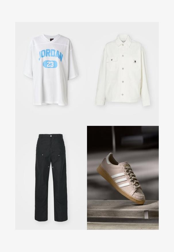 White cotton jacket featuring a button-up front, two chest pockets, and a square logo patch. Relaxed fit with long sleeves and visible stitching.; White mesh jersey with short sleeves, featuring blue "JORDAN" text and "23" within an oval. Lightweight, breathable fabric, oversized fit.; Black trousers with a straight-leg design, made of a textured fabric. Features decorative silver hardware and unique seam detailing.; Light beige suede sneaker with white stripes, rubber gum sole, round toe, and flat laces. Features stitched accents and gold branding.