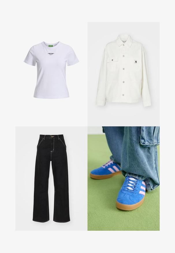 White cotton jacket featuring a button-up front, two chest pockets, and a square logo patch. Relaxed fit with long sleeves and visible stitching.; White cotton t-shirt with a crew neck, short sleeves, featuring a black graphic design on the front. Simple, classic cut.; Black wide-leg jeans made of denim, featuring contrasting white stitching and a front button closure, with two angled front pockets.; Blue suede shoes with pink stripes and white laces, featuring a gum rubber sole, paired with loose denim pants on a green surface.