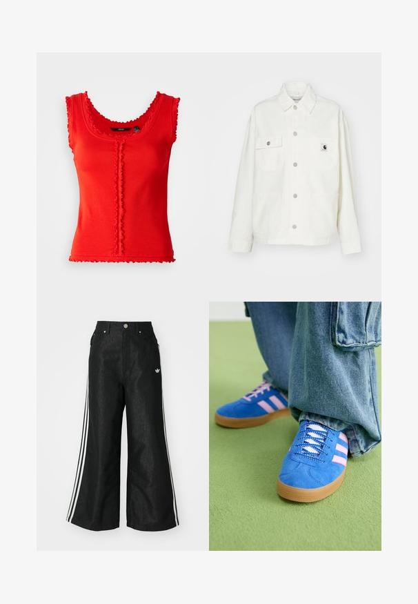 Balta medvilninė striukė su sagų užsegimu priekyje, dviem krūtinės kišenėmis ir kvadrato formos logotipo etikete. Laidus kirpimas, ilgomis rankovėmis ir matomais siūlais.; Raudona plona liemenėlė su banguotais kraštais, turinti apvalų iškirpimą ir centrinį mygtuko akcentą. Medvilnės ir sintetinių pluoštų mišinys, prigludęs siluetas.; Juodos plačios džinsinės kelnės su trimis baltais juostelėmis kiekvienoje pusėje ir mažu baltu logotipu. Yra priekiniai kišenės ir sagčių užsegimas.; Mėlyni zomšiniai bateliai su rožinėmis juostelėmis ir baltais raišteliais, turintys guminį padą, derinami su laisvais džinsiniais kelnais ant žalios paviršiaus.